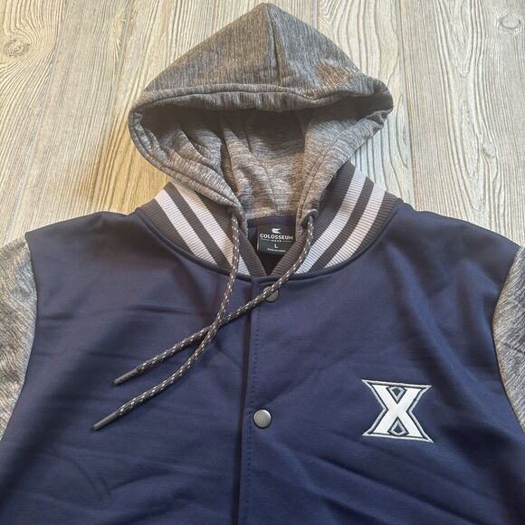 Colosseum Xavier Musketeers Logo Full Snap Hooded Jacket Men’s L Blue Gray New - Picture 2 of 14